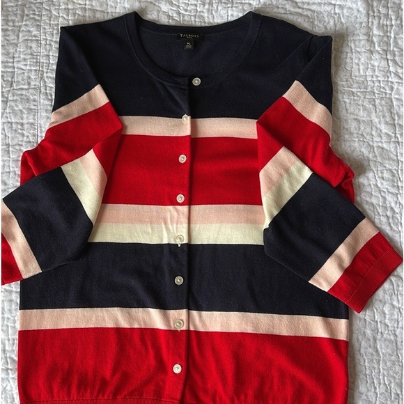 Talbots Sweaters - Talbots Button-up Red Blue White Striped Cardigan MP